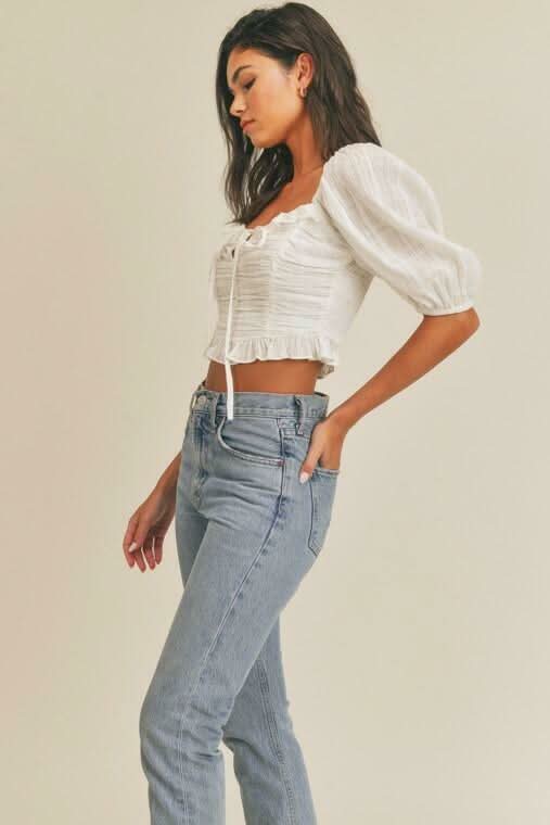 Kimberly White Square Neck Puff Sleeve Crop Top -  BohoPink