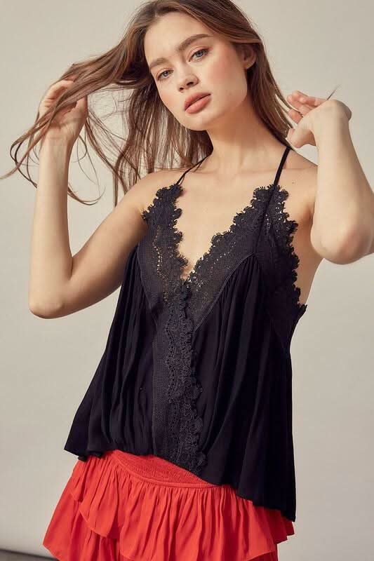 Everything Sweet Black Lace Trim Tank Top -  BohoPink