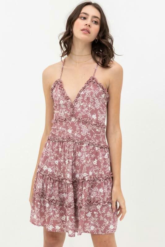 Mauve & White Floral Ruffle Backless Mini Dress | Boho Pink Mauve & White Floral Ruffle Backless Mini Dress | Boho Pink