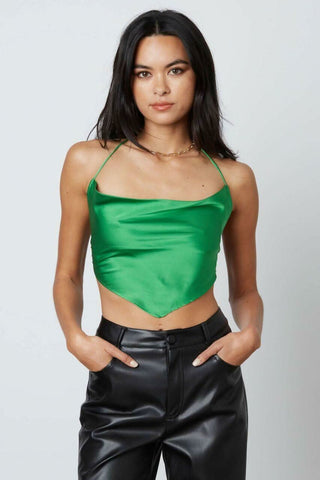 Kelly green satin halter top with cowl neckline and handkerchief hem