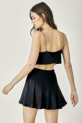 Selma Black Satin Two-Piece Mini Dress side angle