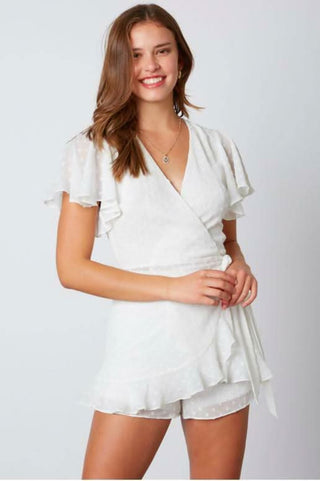 White Swiss dot short sleeve ruffle wrap romper front view