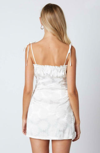 Ivory satin mini dress with tonal floral print