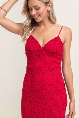 Victoria Red Crochet Lace Midi Dress - Dtailed View Midi Dresses