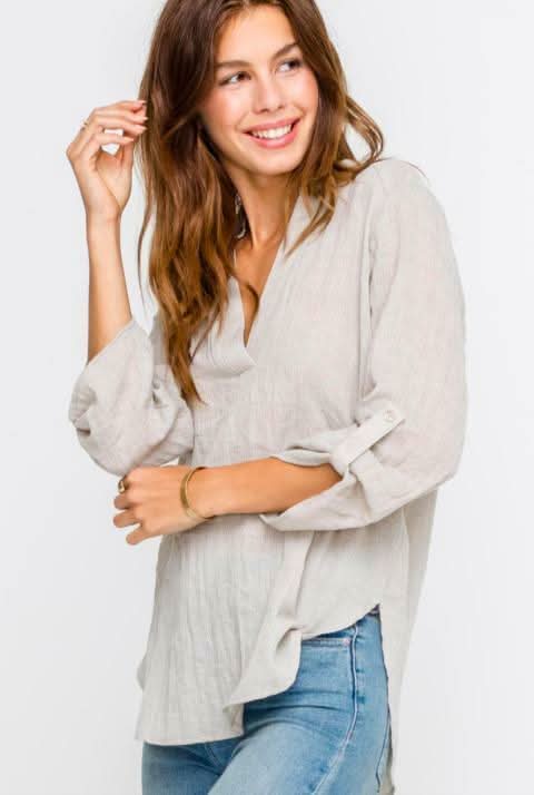 Just In Time Taupe Roll Tab Sleeve Top -  BohoPink