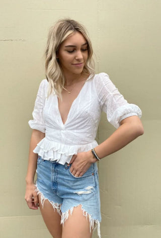 Champs-Élysées White Puff Sleeve Blouse - Plunge Neckline - Side Angle View