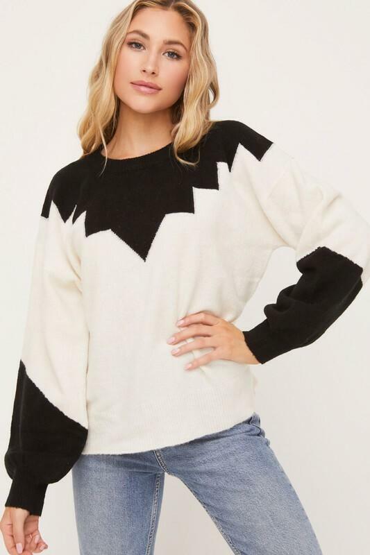 Just In Time Ivory and Black Colorblock Crew Neck Sweater -  BohoPink