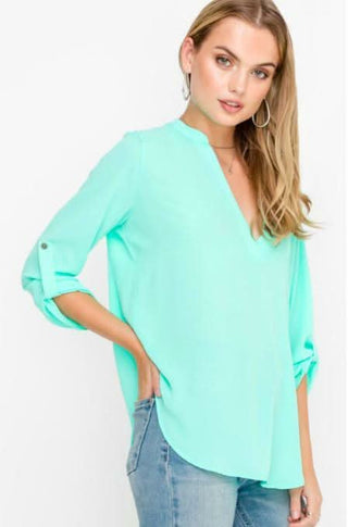 See That Girl Mint Green Roll Tab Sleeve Top - Side Angle Top