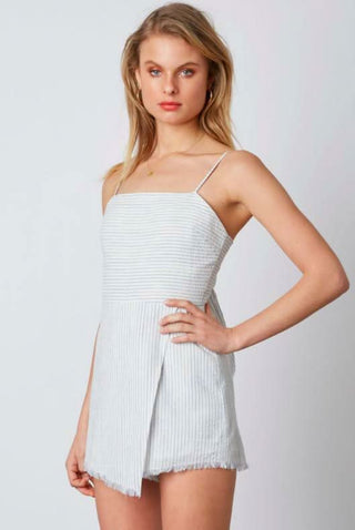 Light blue striped tie-back romper front view
