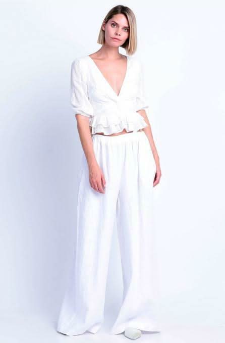 Champs-Élysées White Swiss Dot Ruffle Top, a puff sleeve crop top