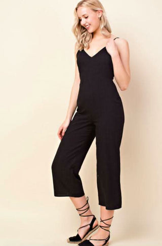 Little Havana Black Cropped Jumpsuit styled with lace-up sandals