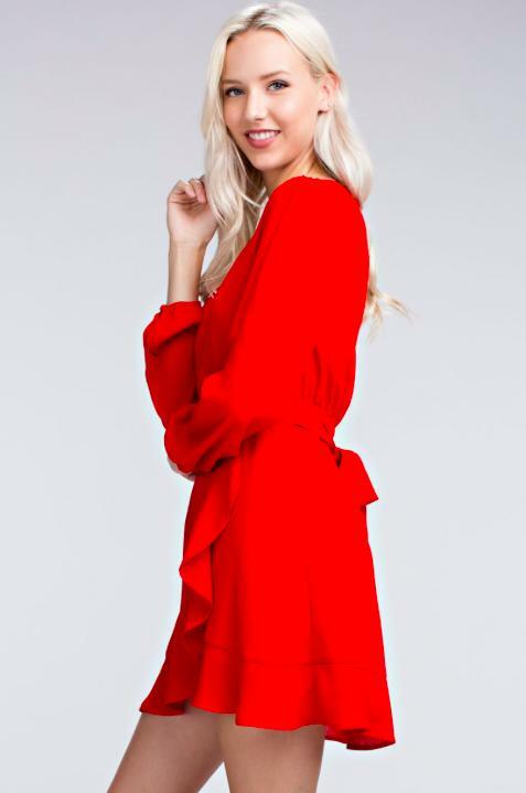 Red Long Sleeve Ruffle Wrap Mini Dress