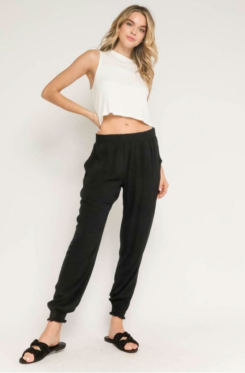 Black Smocked Waist Joggers