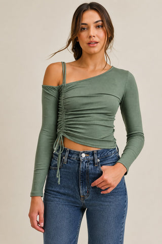 Lush Angie Olive One-Shoulder Ruched Crop Top - Front View