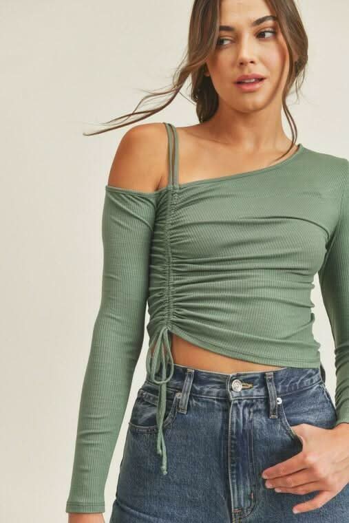 Lush Angie Olive One Shoulder Ruched Crop Top -  BohoPink