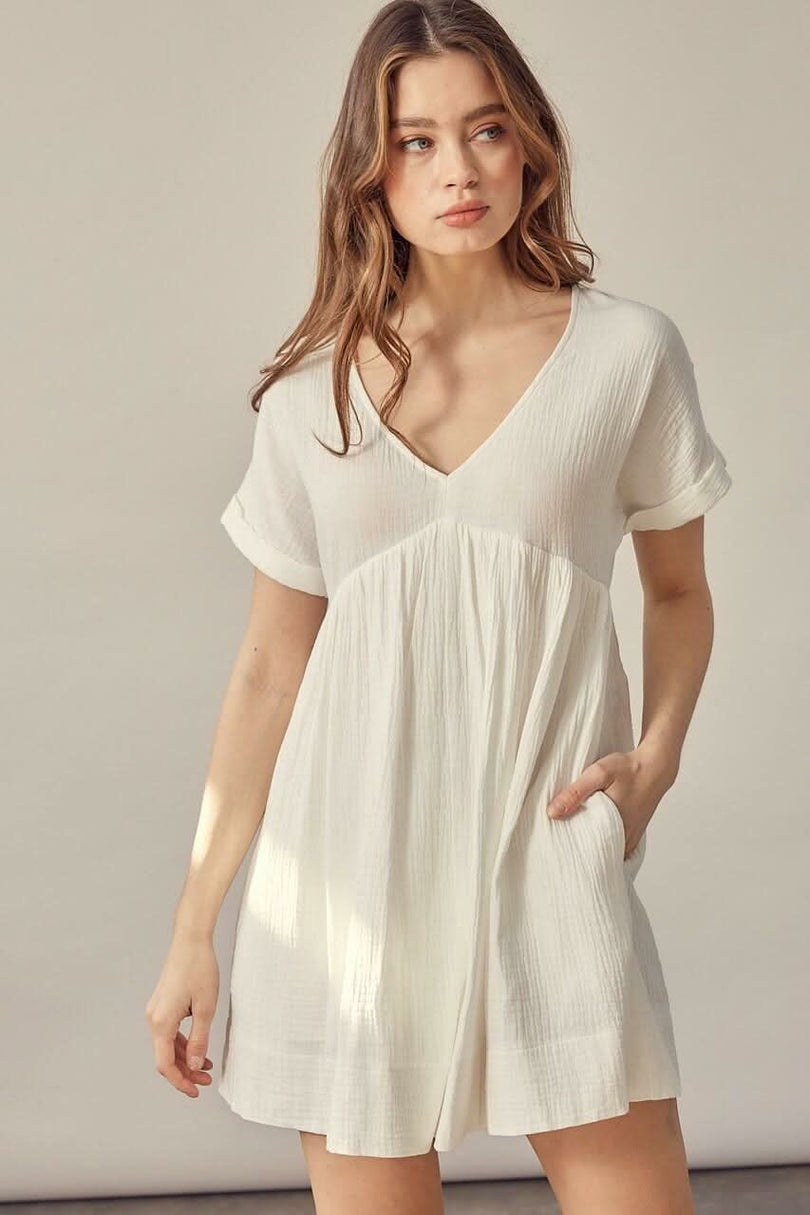 White V-Neck Romper Dress
