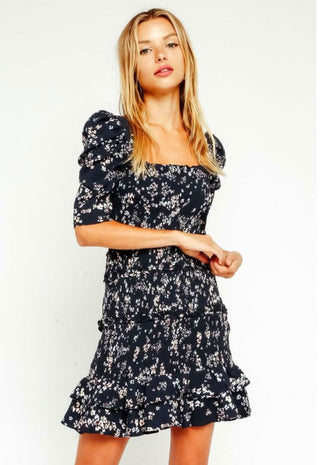 Naomi Navy Floral Smocked Puff Sleeve Mini Dress front