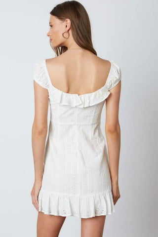 White ruffle hem eyelet dress back view
