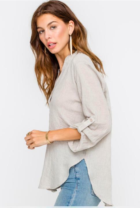Just In Time Taupe Roll Tab Sleeve Top -  BohoPink
