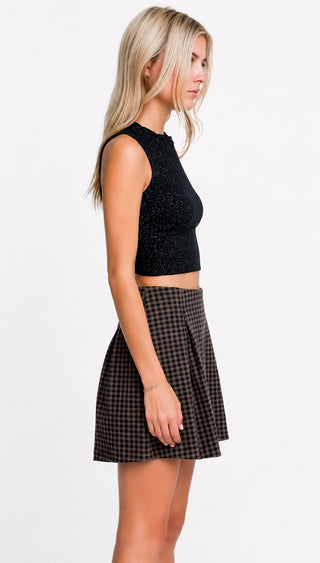 Lush Element Olive Knit Pleated Checkered Skirt - Side View