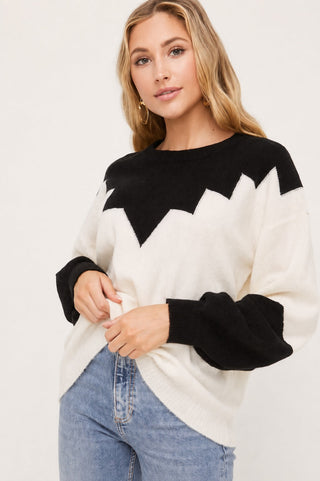 Just In Time Ivory and Black Colorblock Crew Neck Sweater - Front View