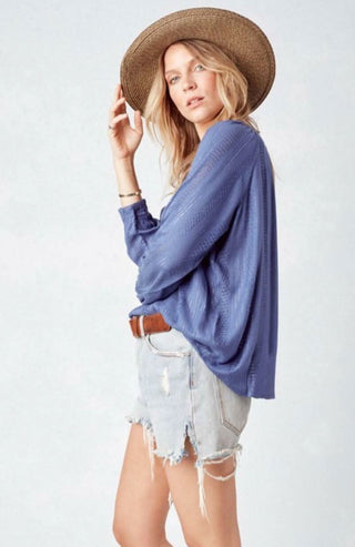 Slate blue lurex stripe top with shimmer detail - boho style long sleeve blouse
