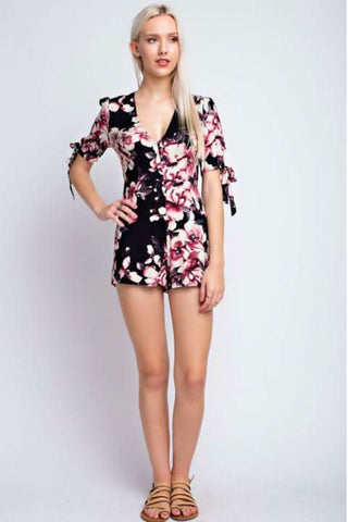 Navy Floral Tie Sleeve Romper