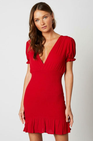 My Darling Red Smocked Puff Sleeve Mini Dress front