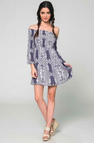 Navy Print Off-The-Shoulder Dress - Flared Silhouette
