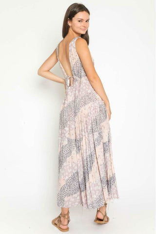 Rania Blush and Grey Print Plunge Maxi Dress - Back View