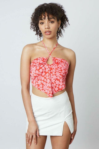 Red floral satin halter top with handkerchief hem