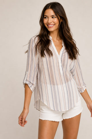 What Can I Say White Striped V-Neck Top - Front View