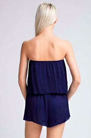 Gaea Navy Satin Strapless Romper back