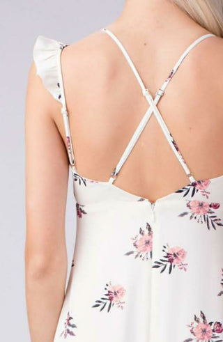 back view pink floral midi dress with v neckline and open back