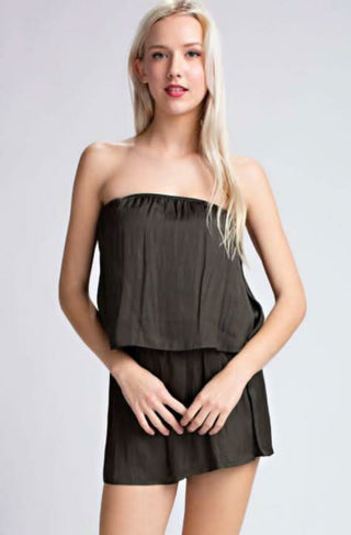 Gaea Olive Green Satin Strapless Romper front