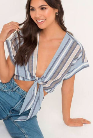 blue striped tie front crop top for women