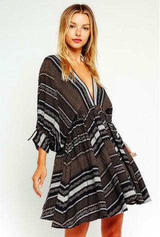 Rachel Line and Dot Black Print Swing Dress front view