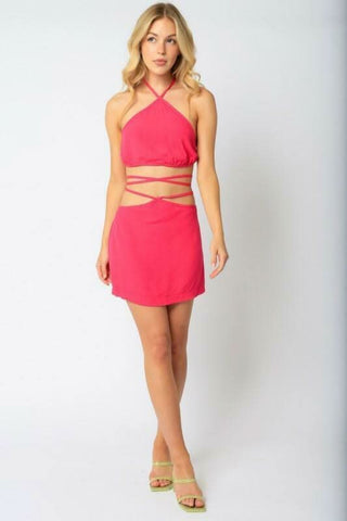 Lucia Fuchsia Strappy Waist Two-Piece Mini Dress Set - Outfit View