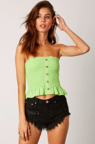 Lime green smocked peplum tube top with button-front detai