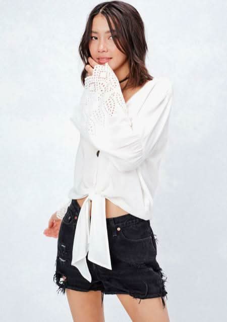 White Tie Front Bell Sleeve Crop Top