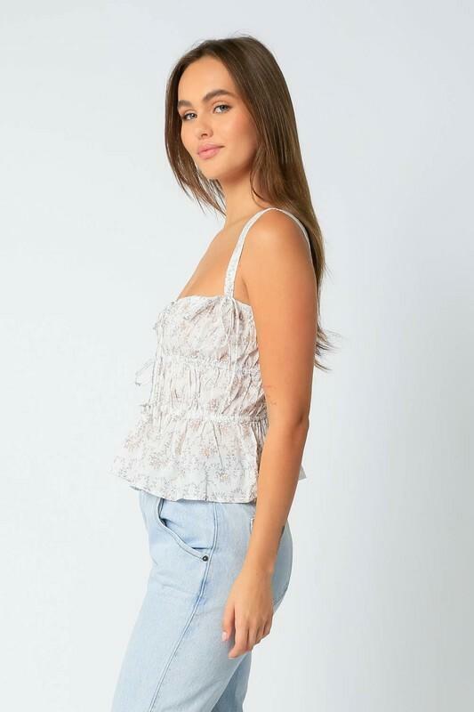 Lexi White Ditsy Floral Cinched Peplum Top -  BohoPink