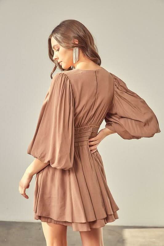 Brown Three Quarter Puff Sleeve Mini Dress | Boho Pink Brown Three Quarter Puff Sleeve Mini Dress | Boho Pink