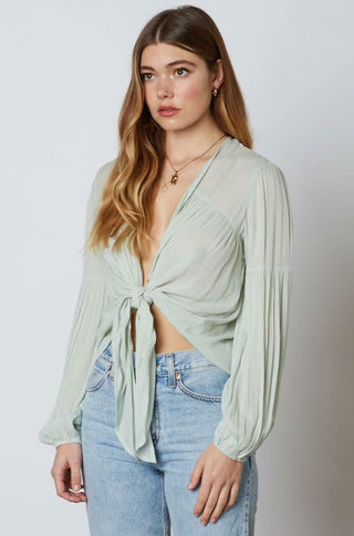 Gia Sage Long Sleeve Tie-Front Crop Top -  BohoPink