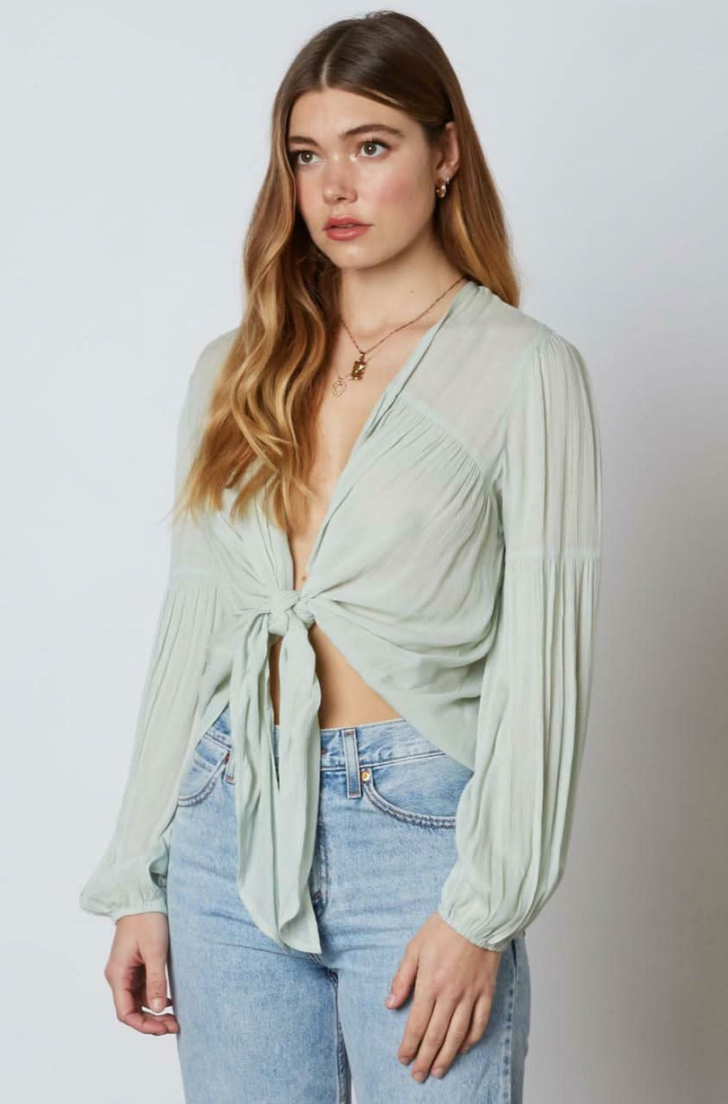 Gia Sage Long Sleeve Tie-Front Crop Top -  BohoPink