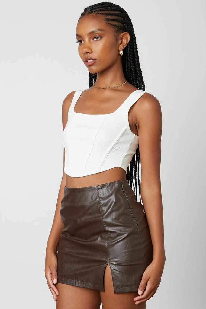 Brown Leather Side Slit Mini Skirt