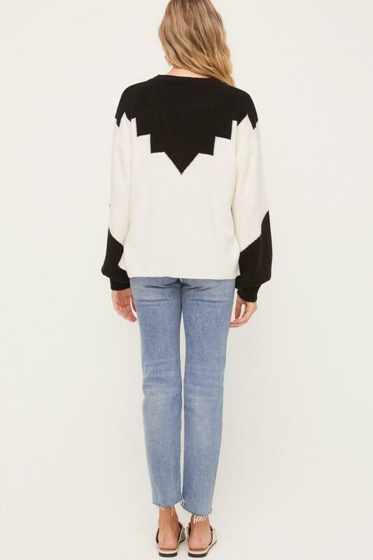 Just In Time Ivory and Black Colorblock Crew Neck Sweater -  BohoPink