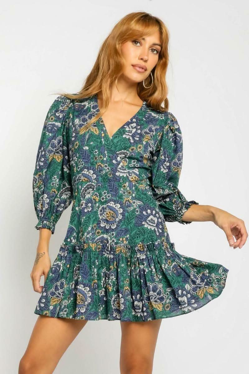 Green Floral Print Mini Dress 