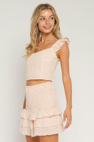 Nina Peach Eyelet Lace Ruffle Two-Piece Dress - Side View
