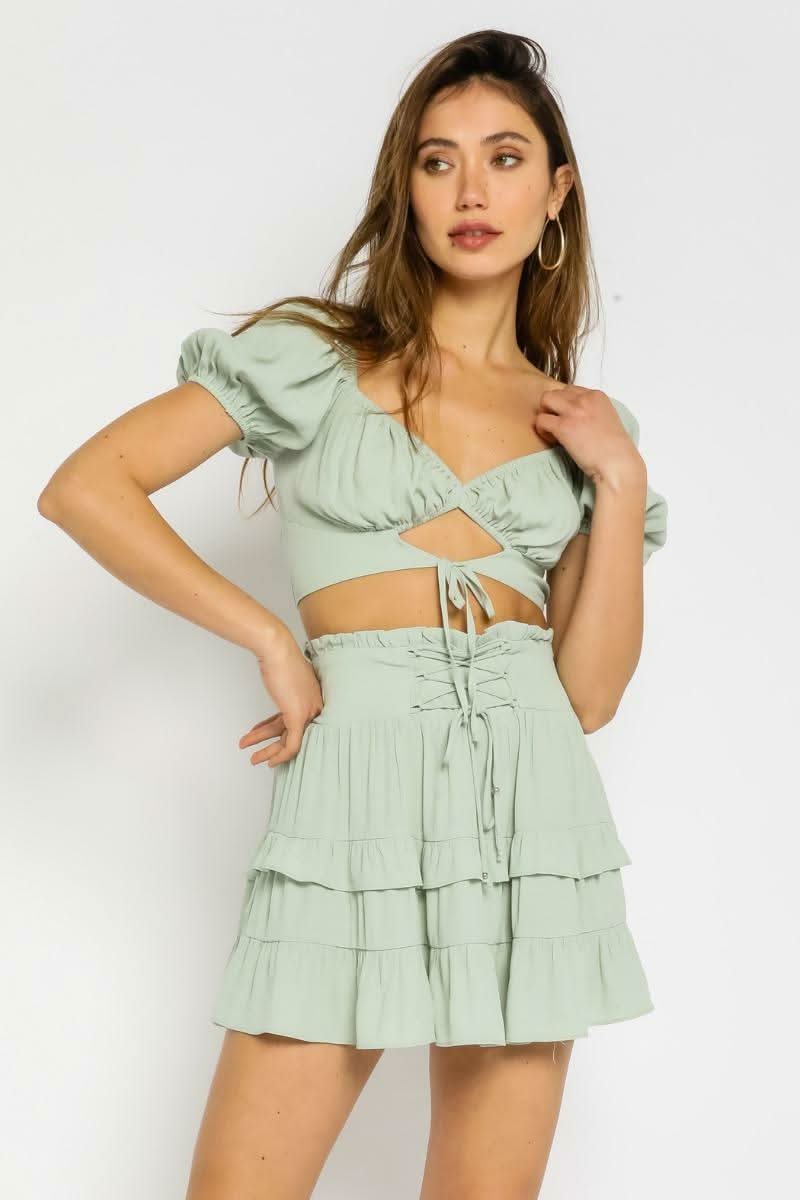 Olivaceous Summer Happiness Mint Two-Piece Dress - Size M - Puff Sleeve Crop Top & High Rise Skirt Set - Sweetheart Neckline - Cutout Tie Detail - Olivaceous Summer Happiness Mint Two-Piece Dress - Size M - Puff Sleeve Crop Top & High Rise Skirt Set - Sweetheart Neckline - Cutout Tie Detail -