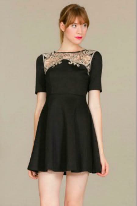 Jealous Tomato Maggie Black Crochet Trim Skater Dress - Size M - Woven Polyester with Ombre Lace - Body Skimming Fit Jealous Tomato Maggie Black Crochet Trim Skater Dress - Size M - Woven Polyester with Ombre Lace - Body Skimming Fit